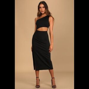 Lulu’s Power to Wow Black One-Shoulder Cutout Midi Dress